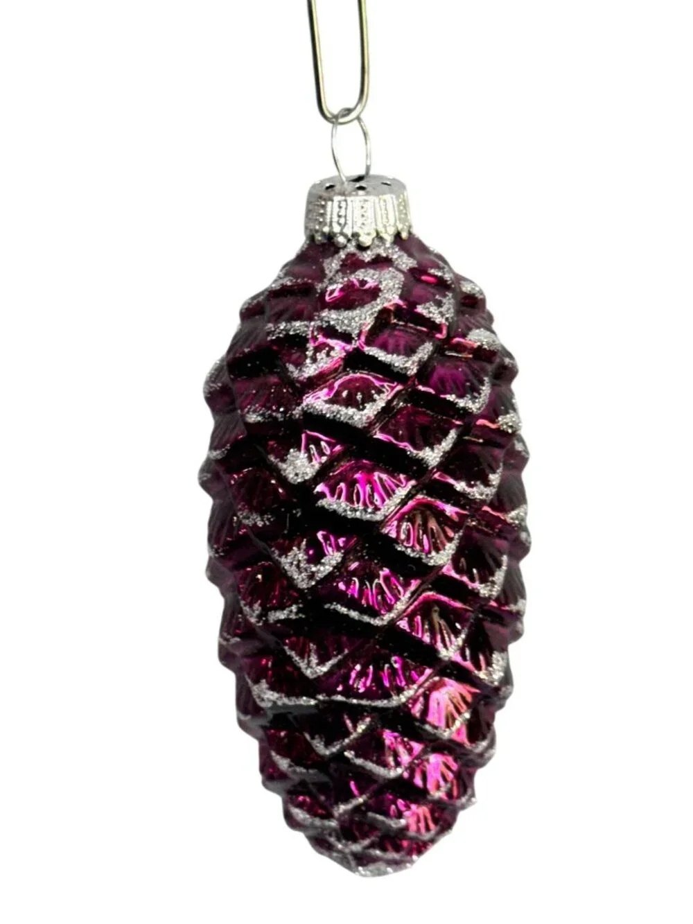 Vintage German Amethyst Pinecone Glass Christmas Ornament Silver Glitter 4" - Picture 5 of 6